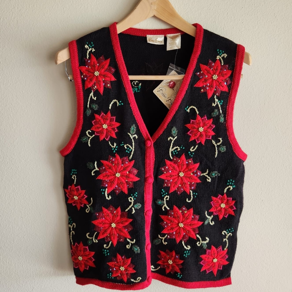 Bobbie Brooks Red Poinsetta Christmas Vest - M (8/10) - NWT